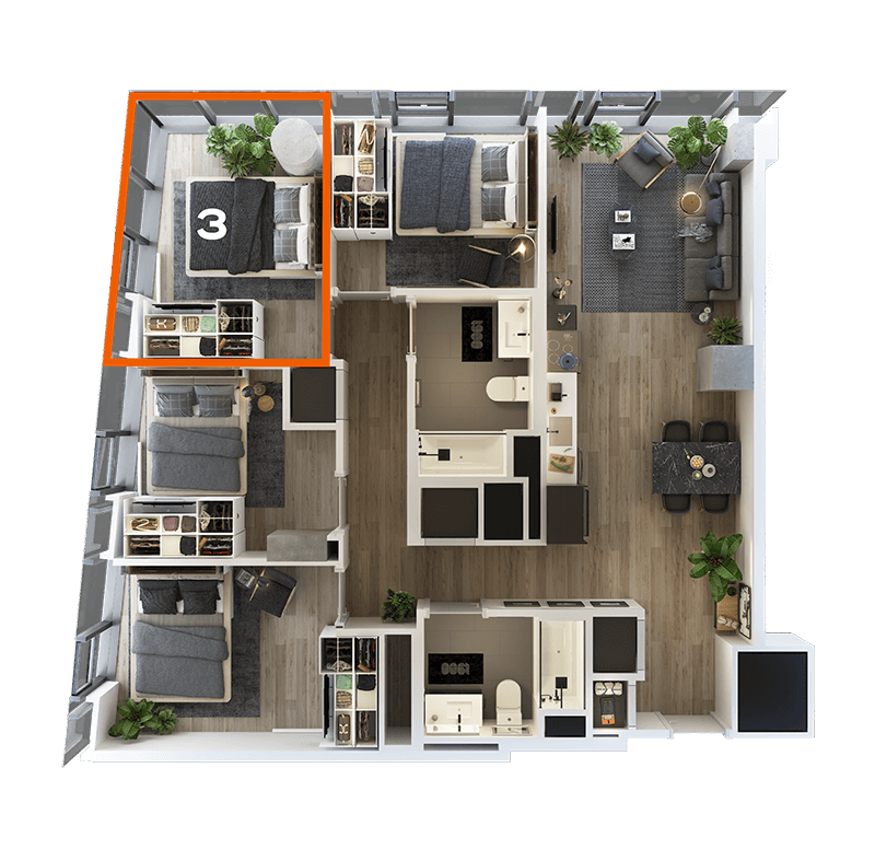 Rendering of the Co-Living LT-02 Bedroom 3 Floor Plan